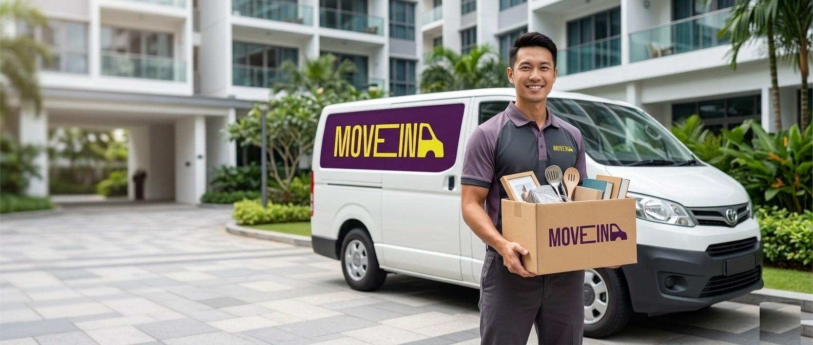 A MOVEIN mover carrying a box of belongings in front of a branded moving van